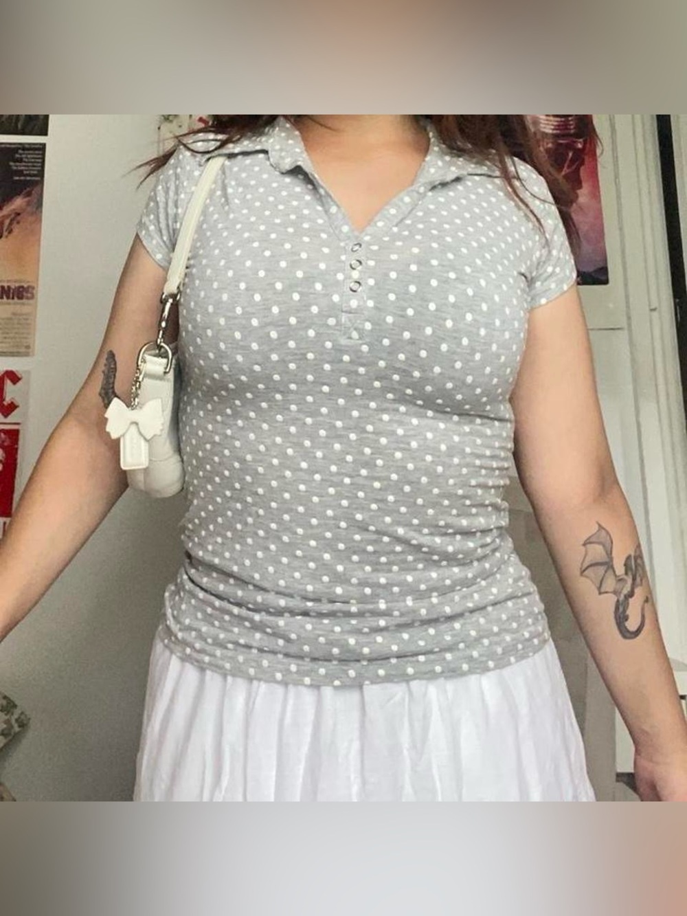 Y2K grey and white polkadot collared shirt sleeve top with button details